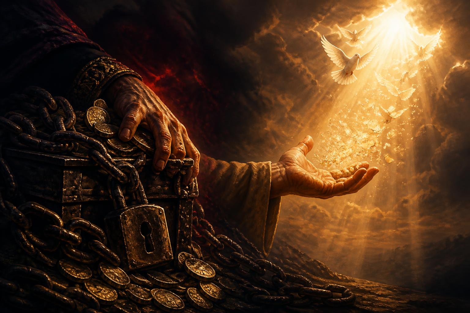 Golden light breaking over a dark horizon, symbolizing the curse of greed turning into a miracle