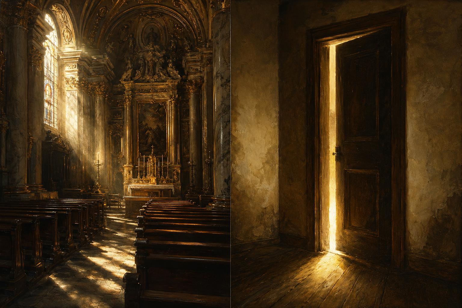 A diptych painting: an empty ornate cathedral on the left, a humble wooden closet door cracked open with golden light spilling out on the right.